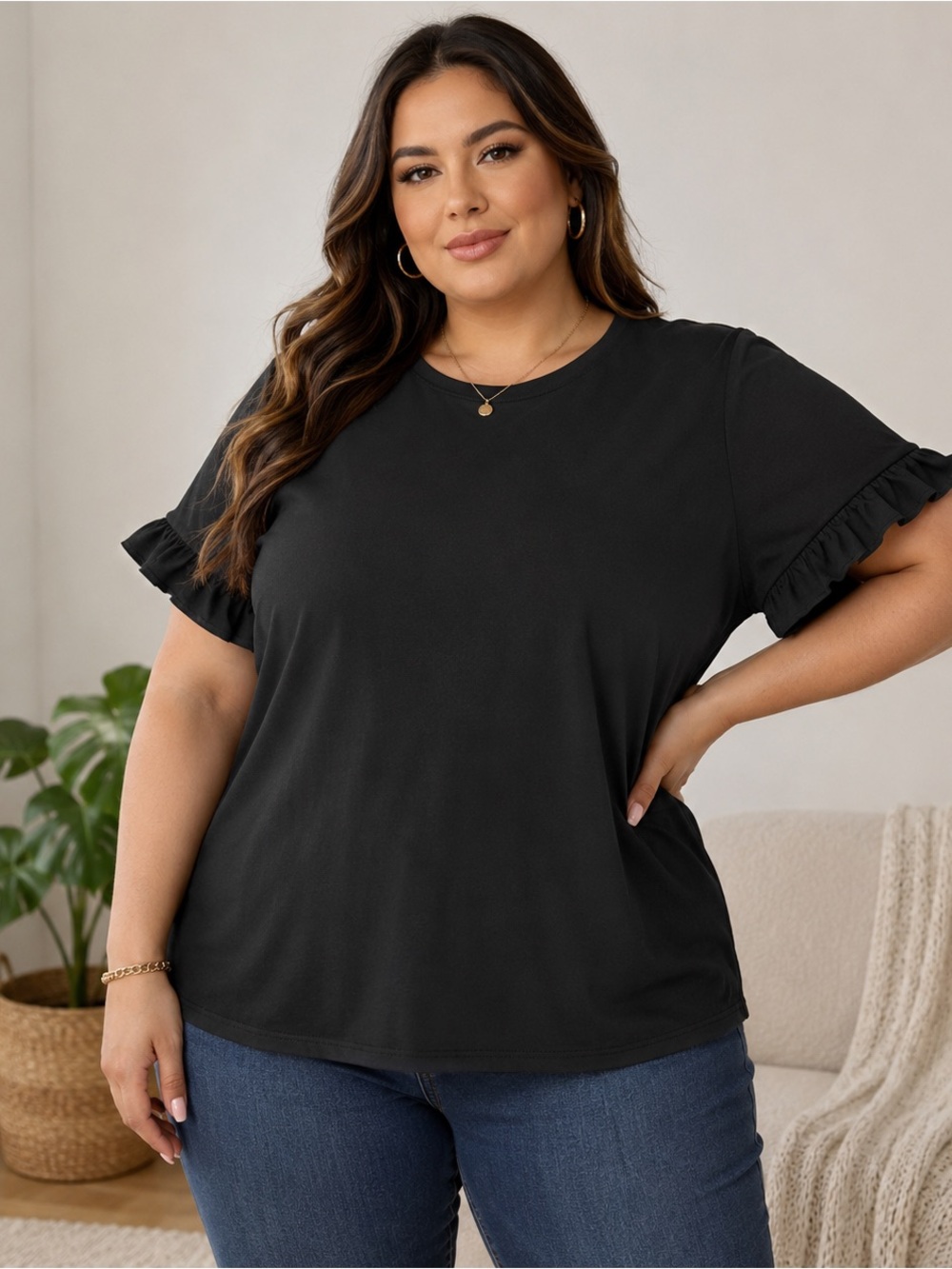 SHEIN Black Ruffle Sleeve Crewneck Top - Picture 1 of 7